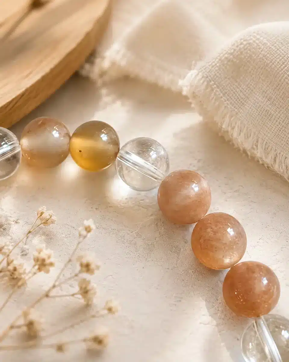 Gros plan des perles du bracelet Énergie Solaire en Pierre de soleil, Cornaline et Cristal de roche