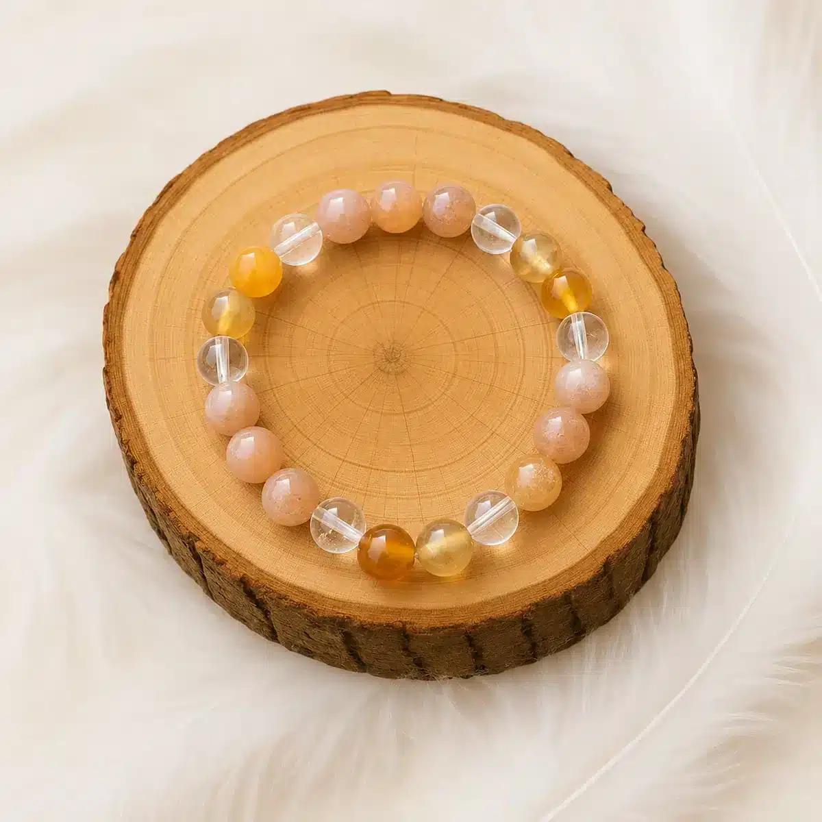 Bracelet Énergie Solaire en Pierre de soleil, Cornaline et Cristal de roche sur un rondin en bois
