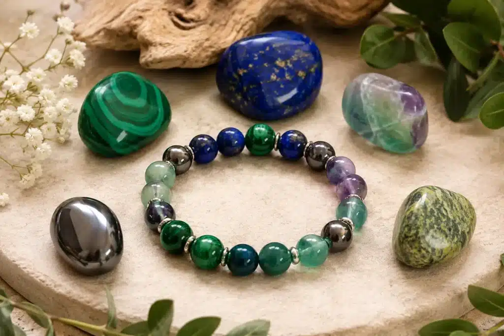 Bracelet en malachite, lapis-lazuli, fluorite, hématite et serpentine pour le confort articulaire