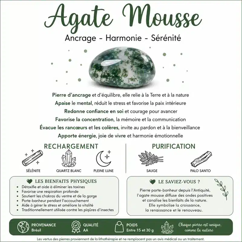 iche sur les bienfaits de la pierre roulée Agate mousse pour l’ancrage, l’harmonie et la sérénité