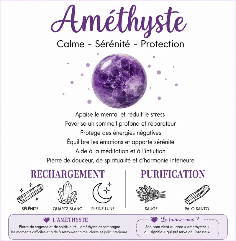 Fiche sur les bienfaits de la pierre roulée Améthyste pour le calme, la sérénité et le sommeil