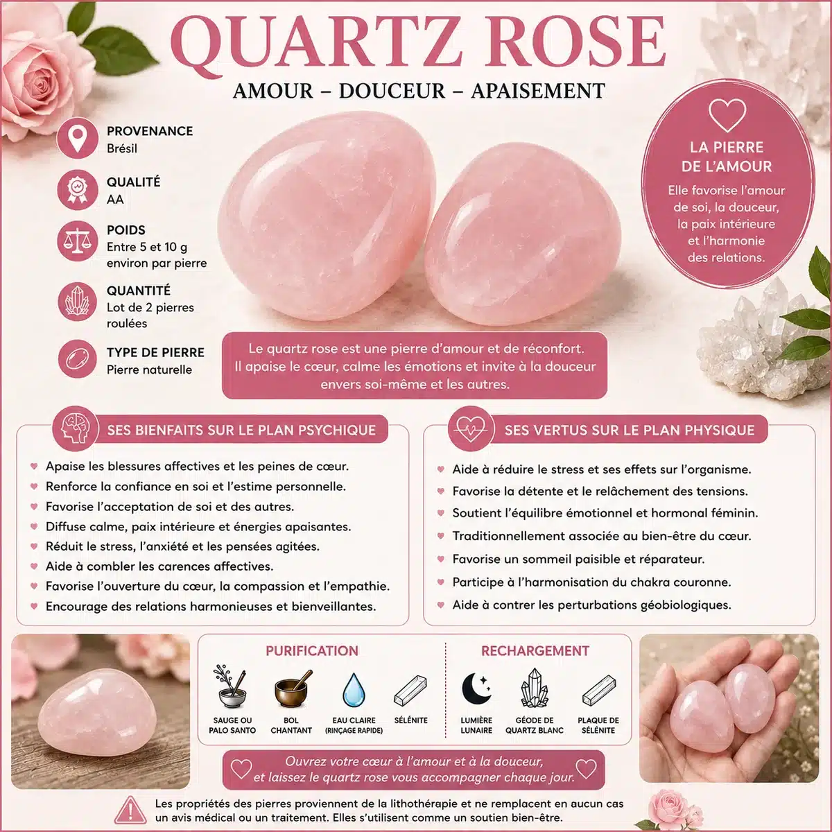 Fiche sur les bienfaits de la pierre roulée Quartz rose pour l’amour de soi, la douceur et l’apaisement