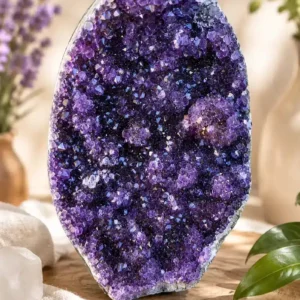 Géode Améthyste de 1 kg du Brésil avec cristaux violets sur support en bois