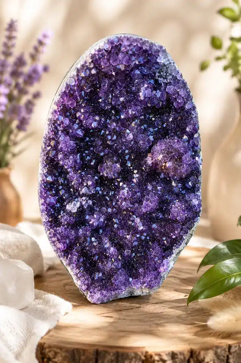 Géode Améthyste de 1 kg du Brésil avec cristaux violets sur support en bois