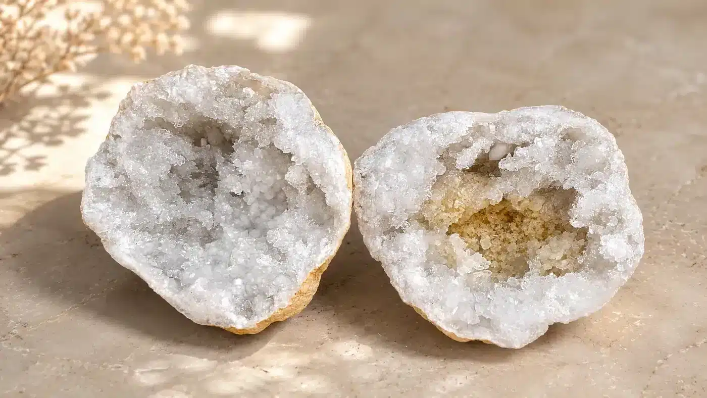Géode de quartz blanc et calcite ouverte en deux parties, poids total 1,080 kg