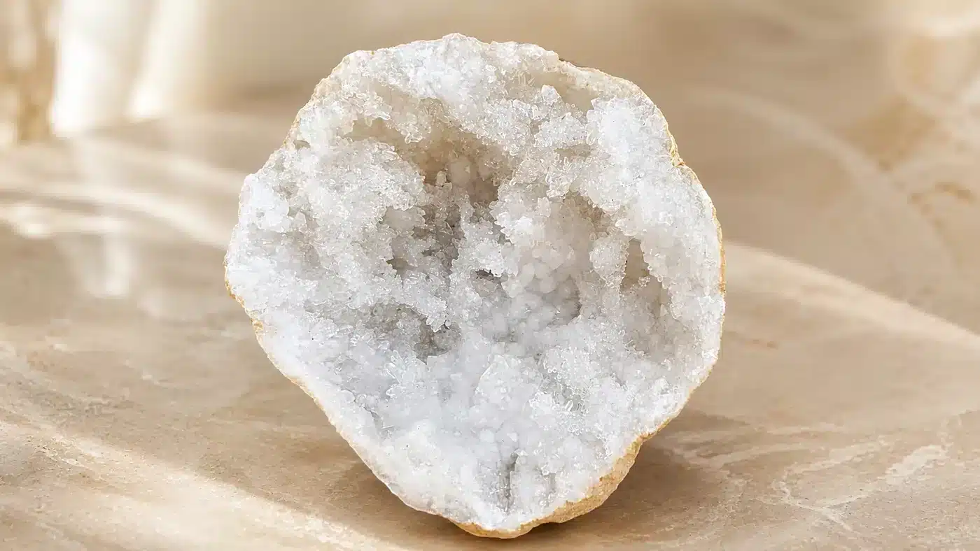 Face en quartz blanc brillant d’une géode naturelle de 1,080 kg