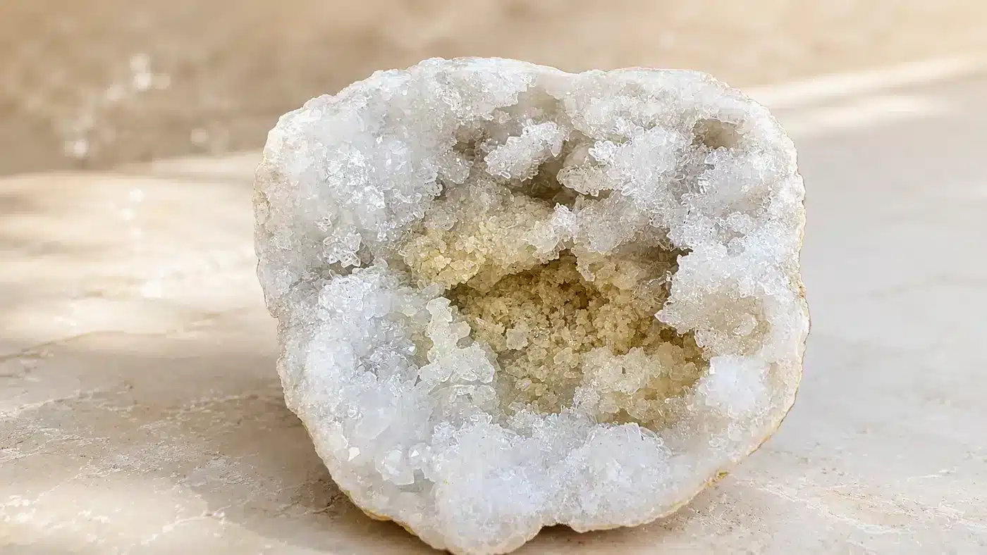 Géode de quartz blanc et calcite de 1,080 kg présentée sur fond beige