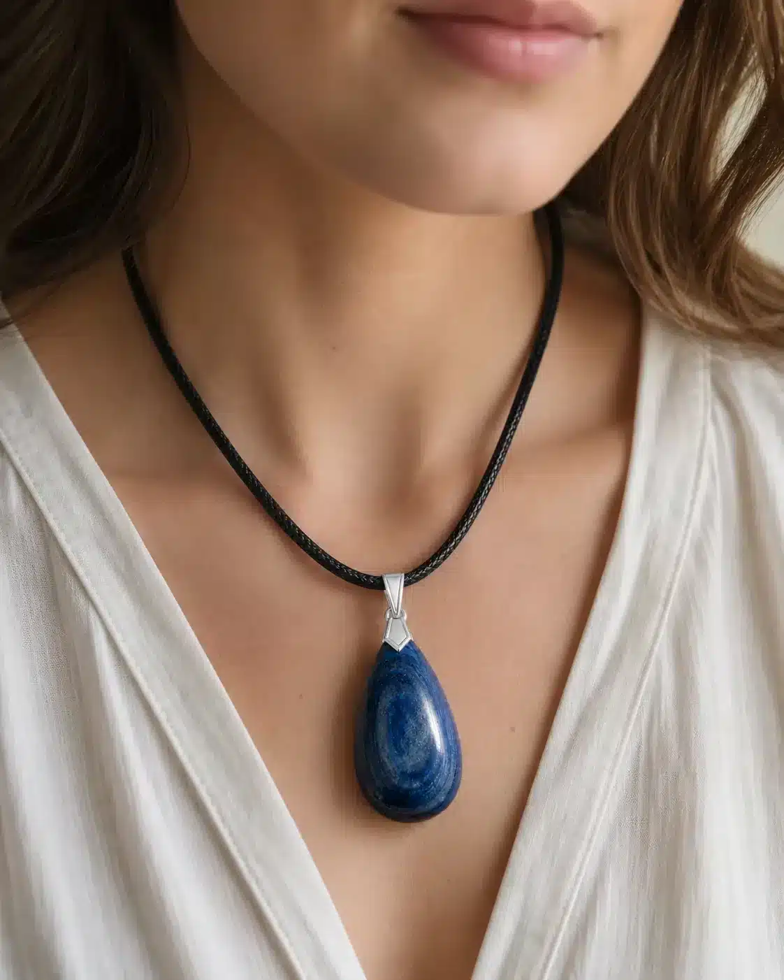 Pendentif cyanite bleu porté autour du cou avec cordon noir