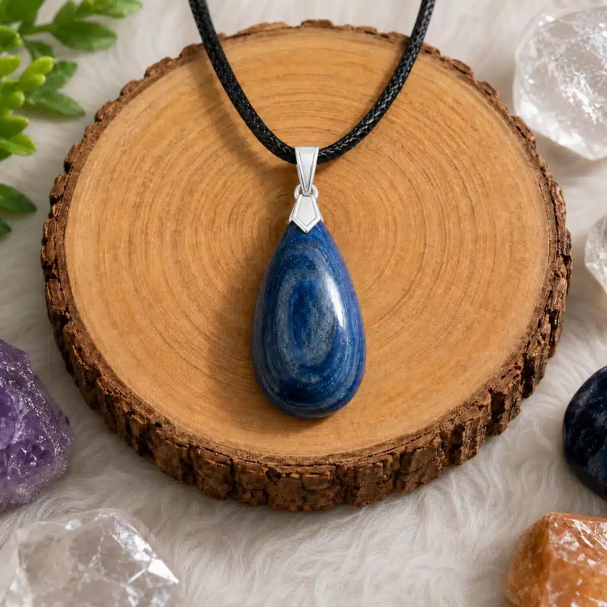 Pendentif en cyanite bleue avec bélière argentée présenté sur un rondin en bois