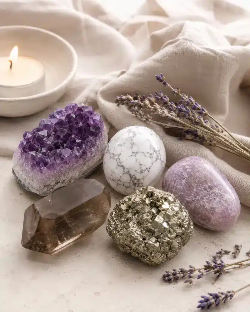 Pierres pour accompagner le burn-out :Améthyste, howlite, lépidolite, quartz fumé et pyrite,