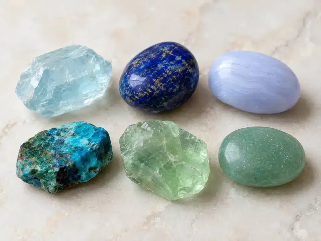 Pierres pour les allergies.Aigue-marine, lapis-lazuli, calcédoine bleue, chrysocolle, fluorite verte et aventurine verte pour les allergies