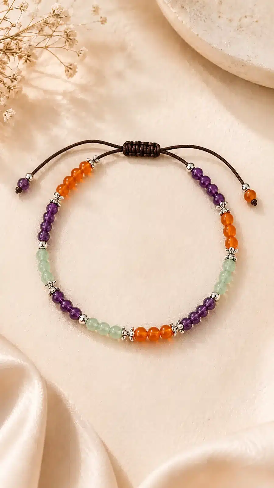 Bracelet de cheville en Cornaline, Améthyste et Aventurine verte avec fermeture macramé coulissante