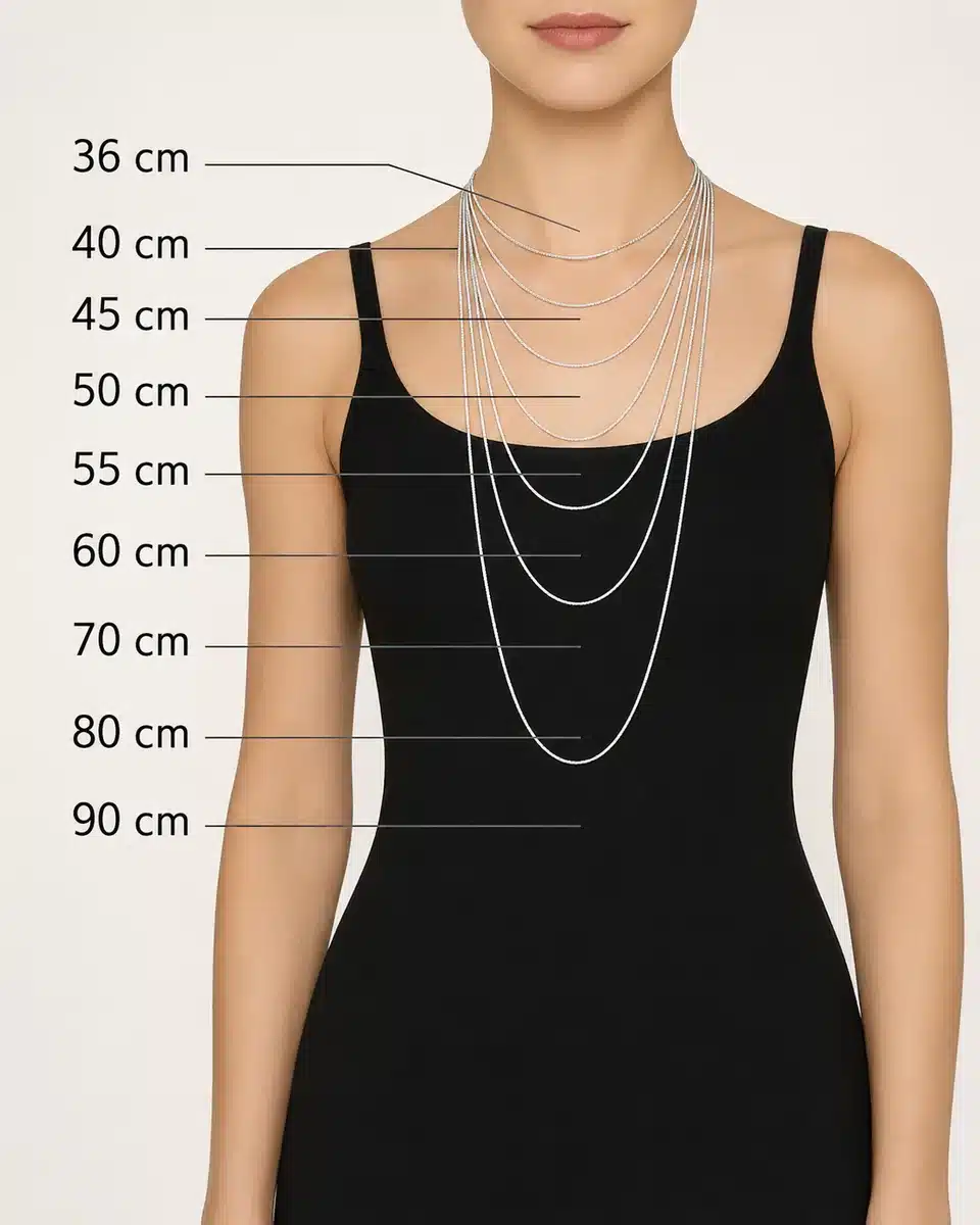 Guide visuel des longueurs de colliers femme de 36 cm à 90 cm