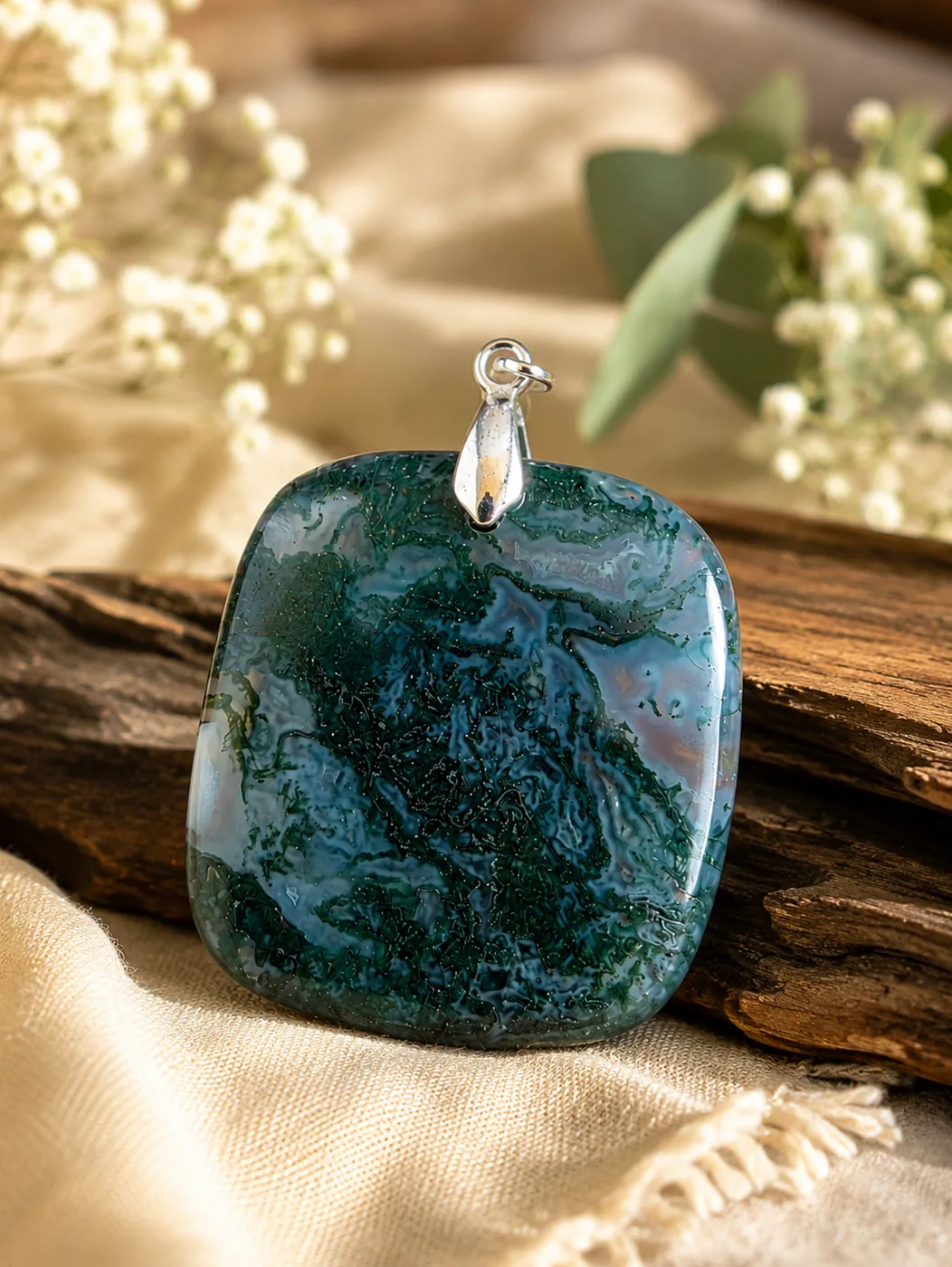Pendentif en agate mousse carré de 30 mm présenté sur un fond naturel avec bois et fleurs blanches