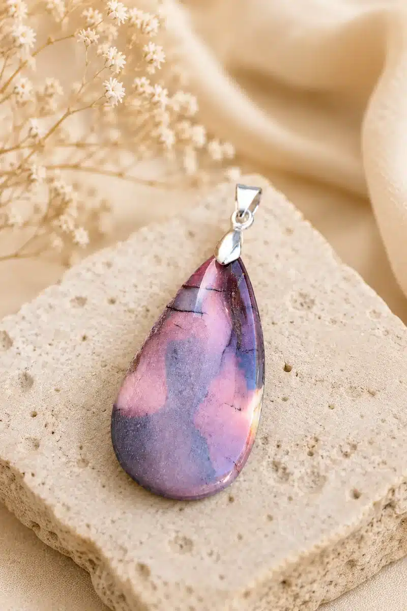 Pendentif en Jaspe Mokaïte naturel en forme de goutte posé sur un support en pierre