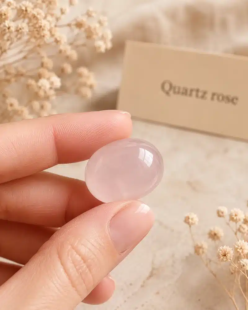 Pierre roulée en quartz rose pâle tenue entre les doigts sur un fond doux et naturel