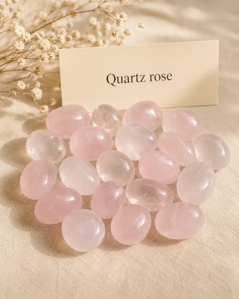 Pierre roulée en quartz rose pâle sur fond beige avec fleurs séchées